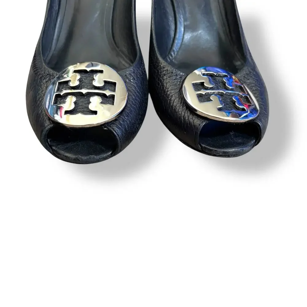 Tory Burch Sally Black‎ Pebbled Leather Wedge Peep Toe Pumps Gold Medallion Logo